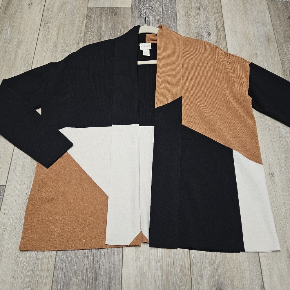 Chico’s Open Front Colorblock Knit Cardigan Sweater Tan Women's Medium Size 1